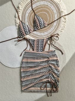 Vintage Boho Knitted Bikini Skirt Micro String Backless Swimsuit Vacation Swimwear Women Bikinis Sets Crochet Beach Swim Outfit