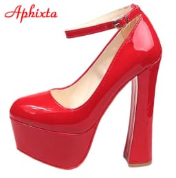 Aphixta 1cm Belt Buckle Red Party Disco Dance Pumps Women 5.5cm Platform 16cm Super High Chunky Heels Pumps Super Szie 48 49 50