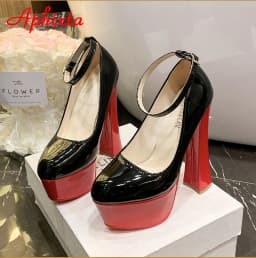 Aphixta 1cm Belt Buckle Red Party Disco Dance Pumps Women 5.5cm Platform 16cm Super High Chunky Heels Pumps Super Szie 48 49 50