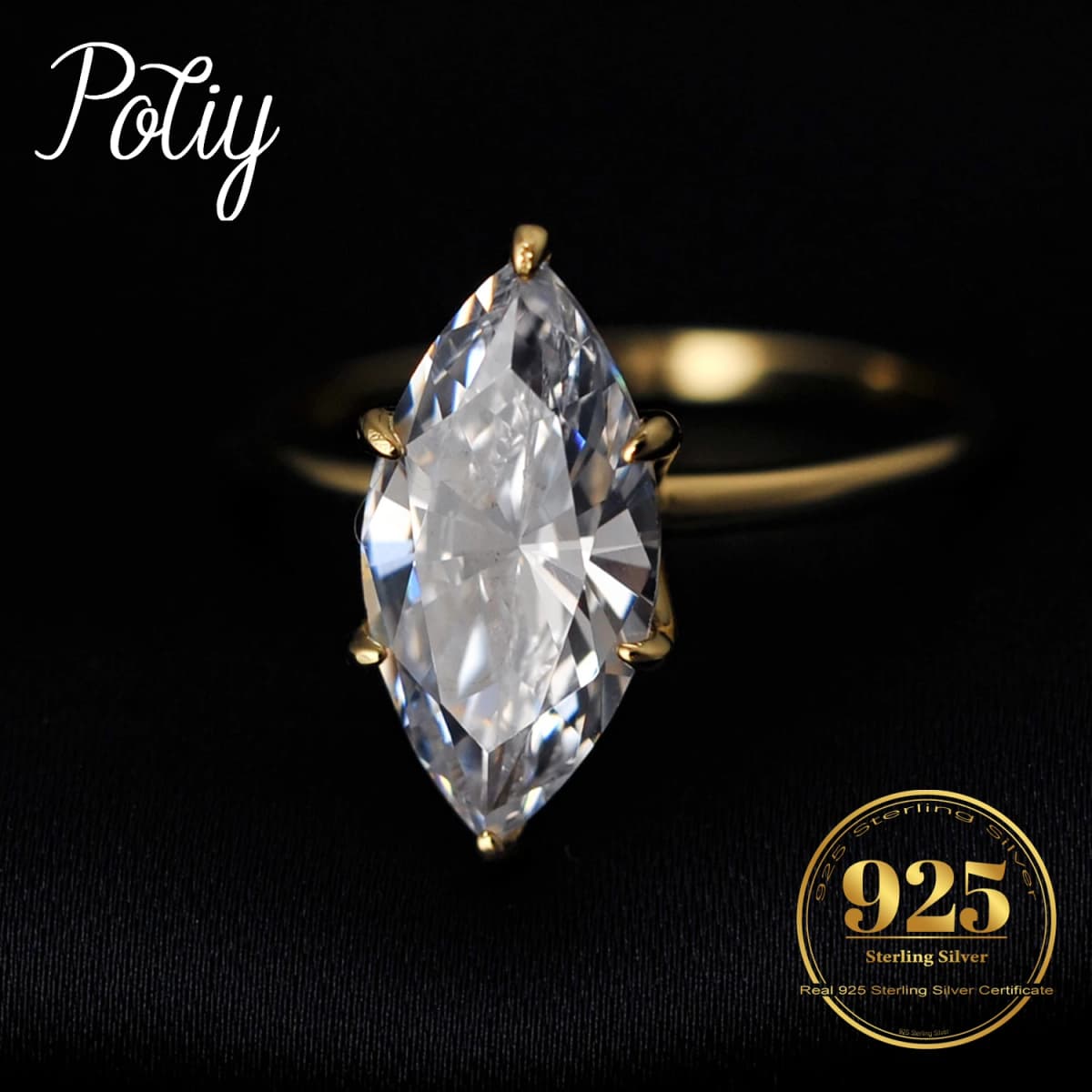 POTIY 3.5ct 5A Marquise Cut Cubic Zirconia Solitaire Engagement Ring 925 Sterling Silver Gold Plated Bridal Gift for Her