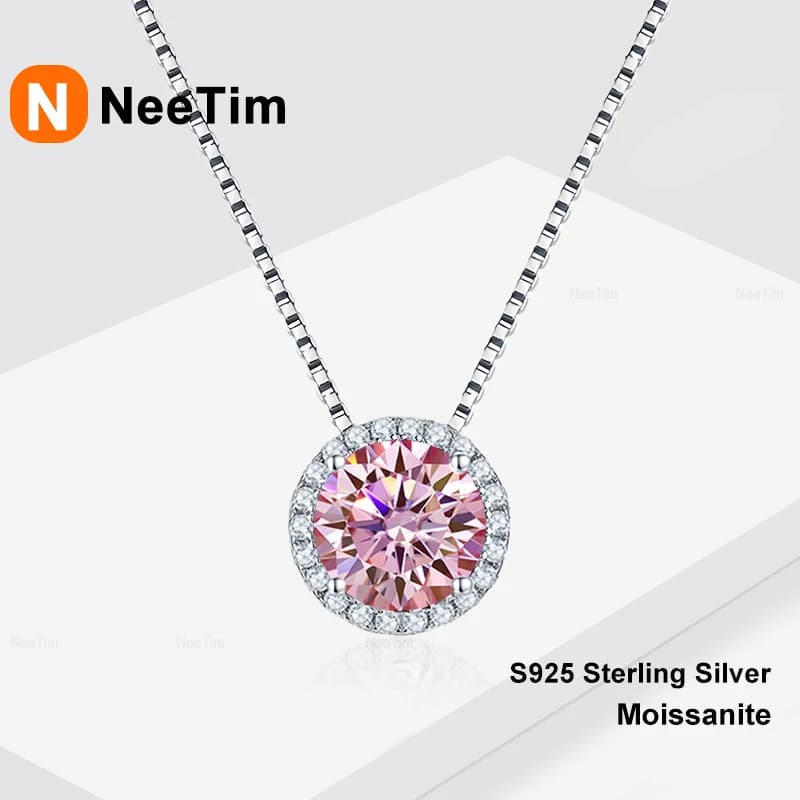 NeeTim 0.5ct 1ct Pink Blue Black Colorful Moissanite Necklaces for Women 925 Sterling Silver Box Chian Pendant Woman's Necklace