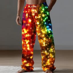 Christmas Men's Sparkling Glitter Christmas Light Pants Trousers Casual Pants Mid Waist Drawstring Casual Straight Leg Trousers