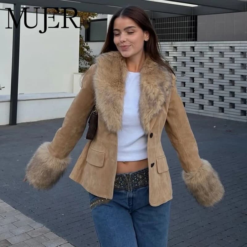 MUJER Faux Fur Suede Blazers for Women Faux Leather Women's Tailoring Blazers Winter Luxury Woman Blazer Fitted Coats and Jacket