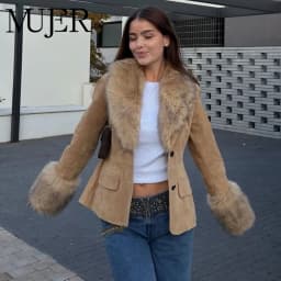 MUJER Faux Fur Suede Blazers for Women Faux Leather Women's Tailoring Blazers Winter Luxury Woman Blazer Fitted Coats and Jacket