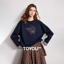 TOYOUTH Women Crewneck Patchwork Plaid Fake Two-Piece Pony Embroidery Loose Sweatshirt 2026 Spring New Tops