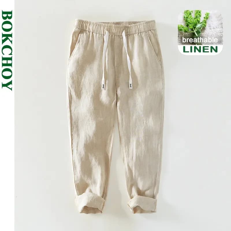 Spring Summer New Breathable 100% Linen Straight Pants Men Clothing Casual Simple Slim Trousers BL8236