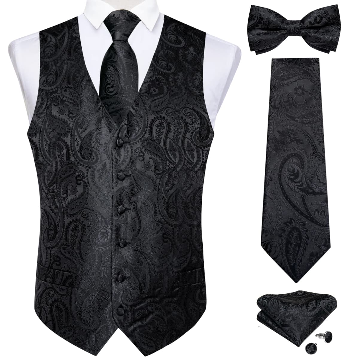Men Classic Black Paisley Vest Set for Wedding Party Business Fashion V-neck Waistcoat Men Necktie Bow Tie Handkerchief Cufflink