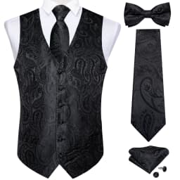 Men Classic Black Paisley Vest Set for Wedding Party Business Fashion V-neck Waistcoat Men Necktie Bow Tie Handkerchief Cufflink