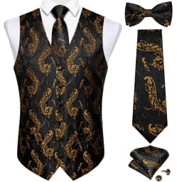 Men Classic Black Paisley Vest Set for Wedding Party Business Fashion V-neck Waistcoat Men Necktie Bow Tie Handkerchief Cufflink