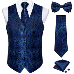 Men Classic Black Paisley Vest Set for Wedding Party Business Fashion V-neck Waistcoat Men Necktie Bow Tie Handkerchief Cufflink