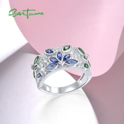 SANTUZZA Real 925 Sterling Silver Rings For Women Sparkling Blue Green Spinel White CZ Cluster Flower Marquise Fine Jewelry