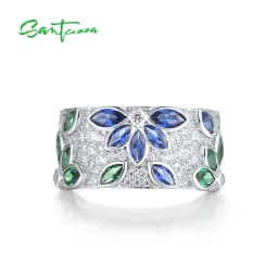 SANTUZZA Real 925 Sterling Silver Rings For Women Sparkling Blue Green Spinel White CZ Cluster Flower Marquise Fine Jewelry