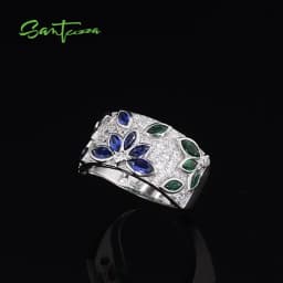 SANTUZZA Real 925 Sterling Silver Rings For Women Sparkling Blue Green Spinel White CZ Cluster Flower Marquise Fine Jewelry