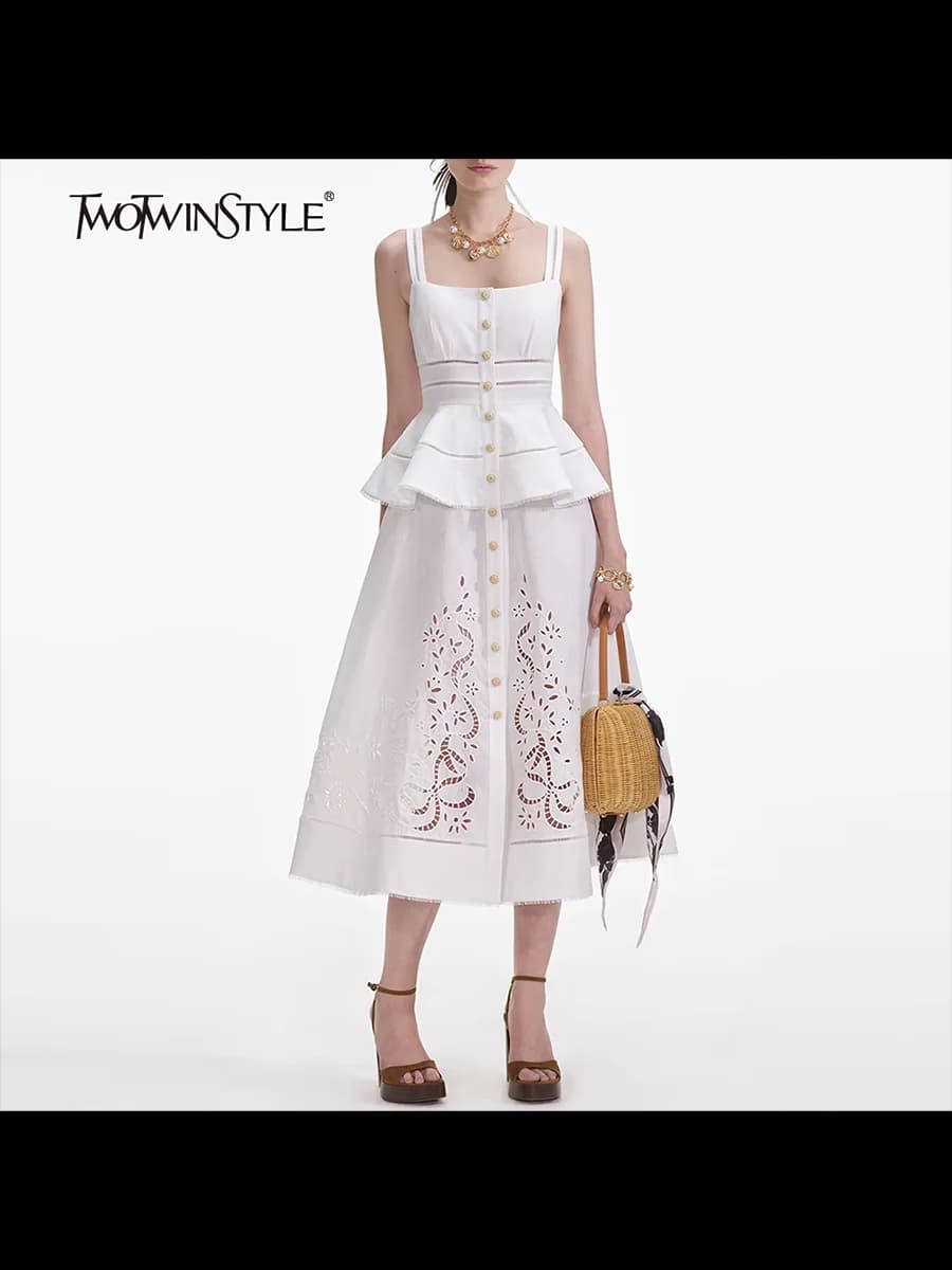 TWOTWINSTYLE Hollow Out Elegant Set For Women Square Collar Sleeveless Vest Casual Skirt White Two Piece Sets Female Fahion