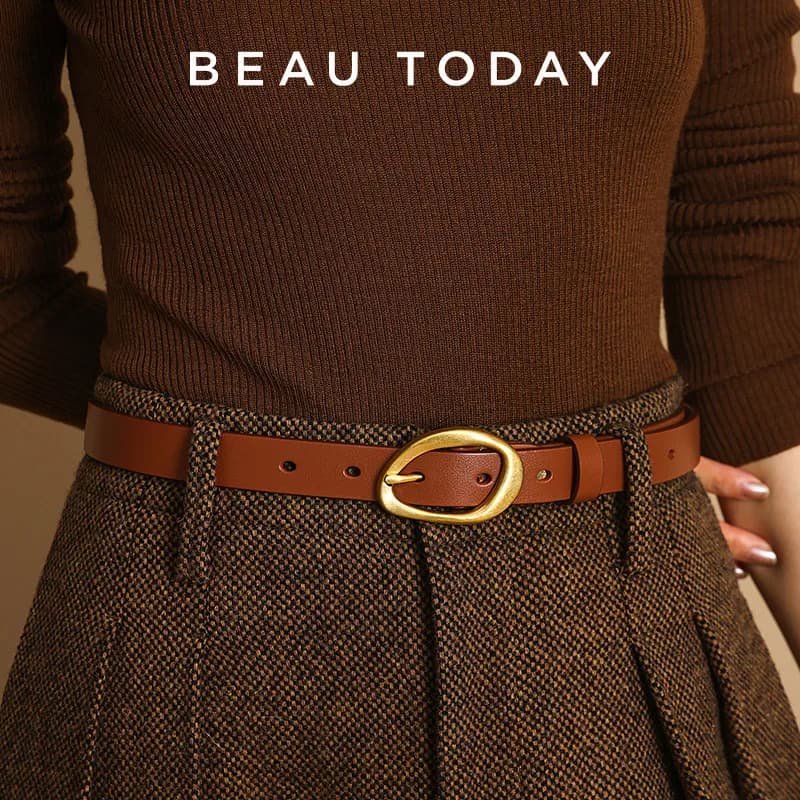 BEAUTODAY Leather Belt Women Cowskin Irregular Metal Buckle Retro Pin Copper Female Waistband for Jeans Dresses Pants A91040