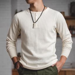 Maden Workwear Vintage Waffle Henry Shirt Vintage Long Sleeve Amekaji Solid Sweater For Men