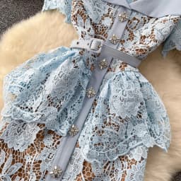 Summer Beaded Diamonds Embroidery Lace Hollow Out Evening Dresses Women Short Sleeve Ruffles Peplum Belt Midi Prom Vestidos