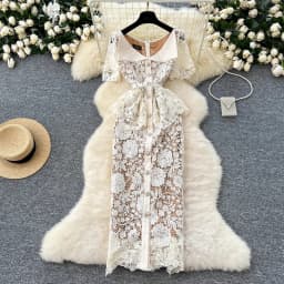 Summer Beaded Diamonds Embroidery Lace Hollow Out Evening Dresses Women Short Sleeve Ruffles Peplum Belt Midi Prom Vestidos