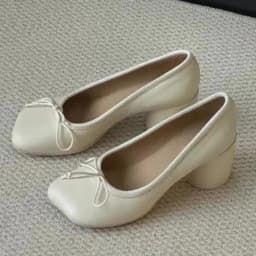 Bowknot Chunky Heel Mary Jane Shoes Women Round Heel Leather Shallow Women Pumps Fashion Heels for Women Brand Ballet Shoes