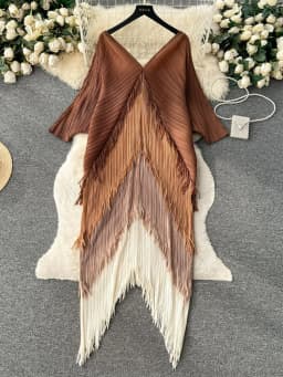 Miyake Tassel Patchwok Color Block Dress for Women Pleated Batwing Sleeve Mid-calf Dresses Fashion Female 2025 Summer