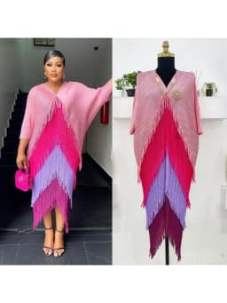 Miyake Tassel Patchwok Color Block Dress for Women Pleated Batwing Sleeve Mid-calf Dresses Fashion Female 2025 Summer