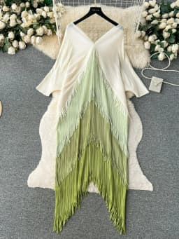Miyake Tassel Patchwok Color Block Dress for Women Pleated Batwing Sleeve Mid-calf Dresses Fashion Female 2025 Summer