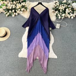 Miyake Tassel Patchwok Color Block Dress for Women Pleated Batwing Sleeve Mid-calf Dresses Fashion Female 2025 Summer