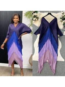 Miyake Tassel Patchwok Color Block Dress for Women Pleated Batwing Sleeve Mid-calf Dresses Fashion Female 2025 Summer