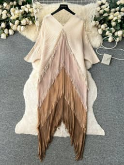 Miyake Tassel Patchwok Color Block Dress for Women Pleated Batwing Sleeve Mid-calf Dresses Fashion Female 2025 Summer