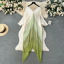 Miyake Tassel Patchwok Color Block Dress for Women Pleated Batwing Sleeve Mid-calf Dresses Fashion Female 2025 Summer