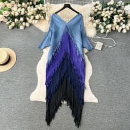 Miyake Tassel Patchwok Color Block Dress for Women Pleated Batwing Sleeve Mid-calf Dresses Fashion Female 2025 Summer