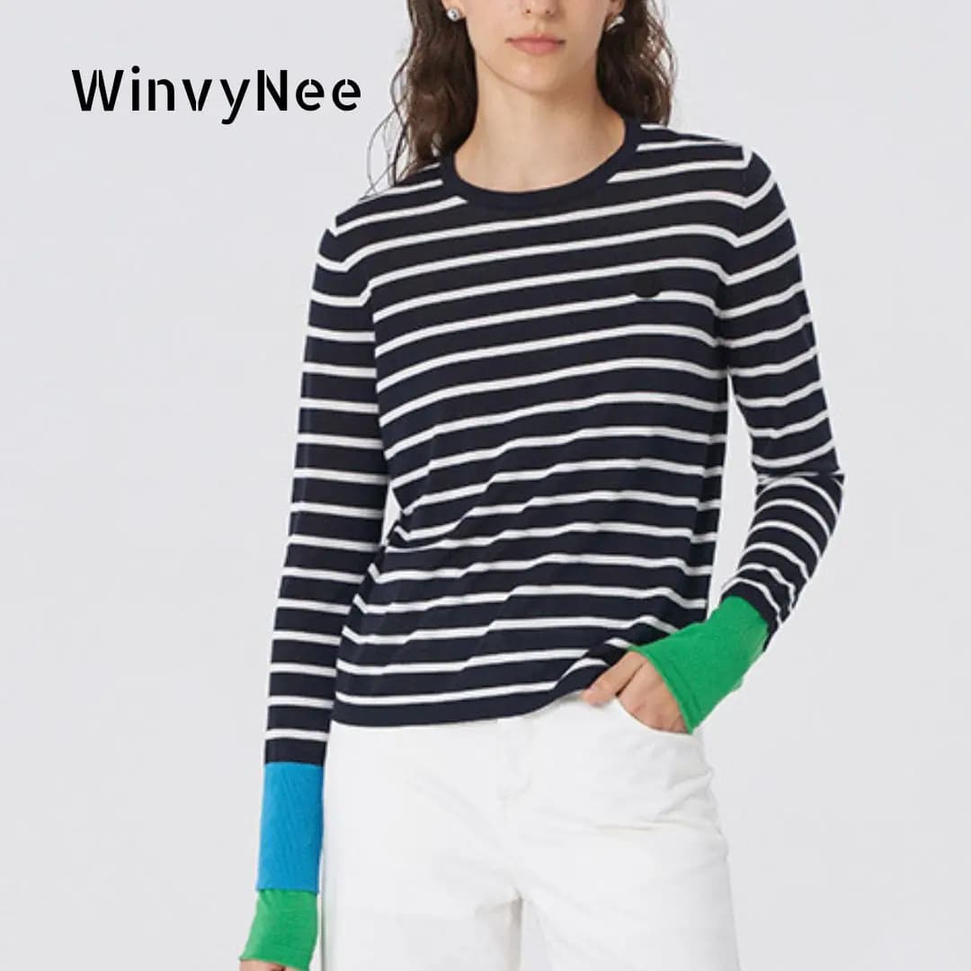 WinvyNee Women's Wool O Neck Long Sleeve Sweaters Striped Color Block Cuff Loose Fashion Spring Basic Knitted Top ZA1047014