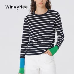WinvyNee Women's Wool O Neck Long Sleeve Sweaters Striped Color Block Cuff Loose Fashion Spring Basic Knitted Top ZA1047014