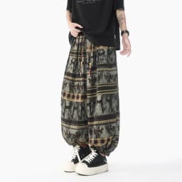 Holiday Style Printed High Waisted Drawstring Pants Ethnic Style Lantern Pants Men's Loose Casual Ice Silk Wide Leg Pants