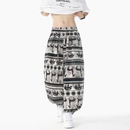 Holiday Style Printed High Waisted Drawstring Pants Ethnic Style Lantern Pants Men's Loose Casual Ice Silk Wide Leg Pants