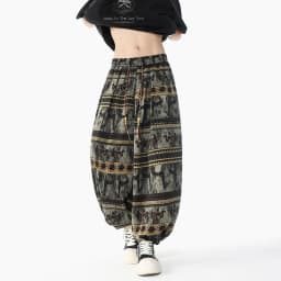 Holiday Style Printed High Waisted Drawstring Pants Ethnic Style Lantern Pants Men's Loose Casual Ice Silk Wide Leg Pants
