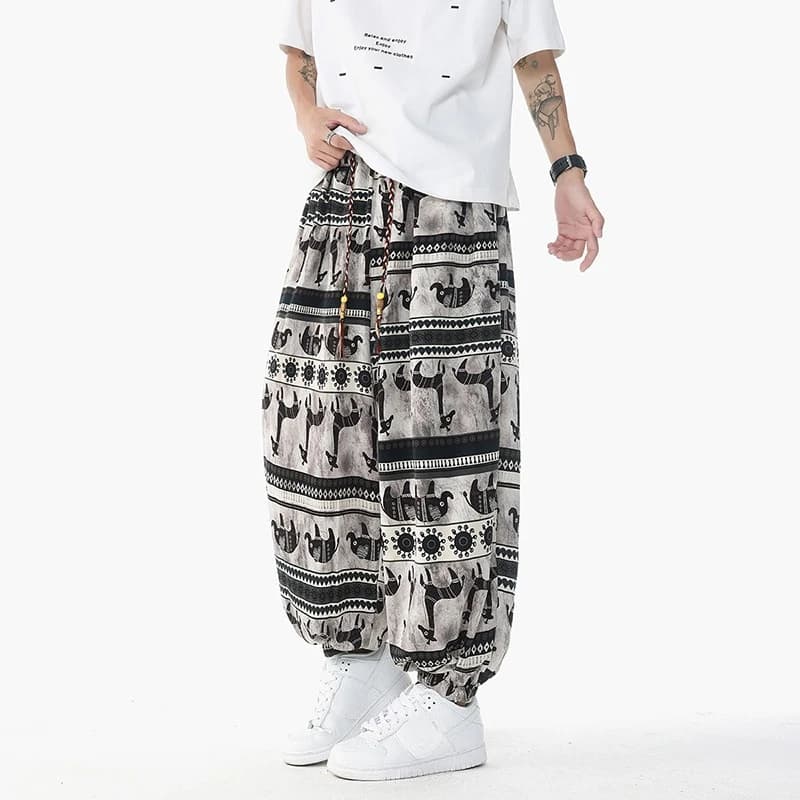 Holiday Style Printed High Waisted Drawstring Pants Ethnic Style Lantern Pants Men's Loose Casual Ice Silk Wide Leg Pants
