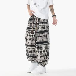 Holiday Style Printed High Waisted Drawstring Pants Ethnic Style Lantern Pants Men's Loose Casual Ice Silk Wide Leg Pants
