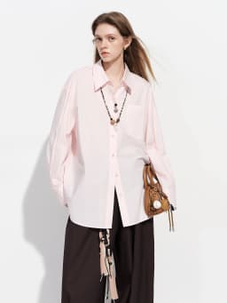 FSLE【Premium Series】Women's French Loose Fit Cotton Shirt Long Sleeve Layering Top with Web Strap Detail Casual Oversized Blouse