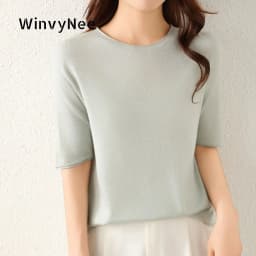 WinvyNee Women Worsted Wool Crew Neck Short Sleeve Pullover Spring Autumn Everyday Knit Basic Garment Soft Casual Wear A1757009