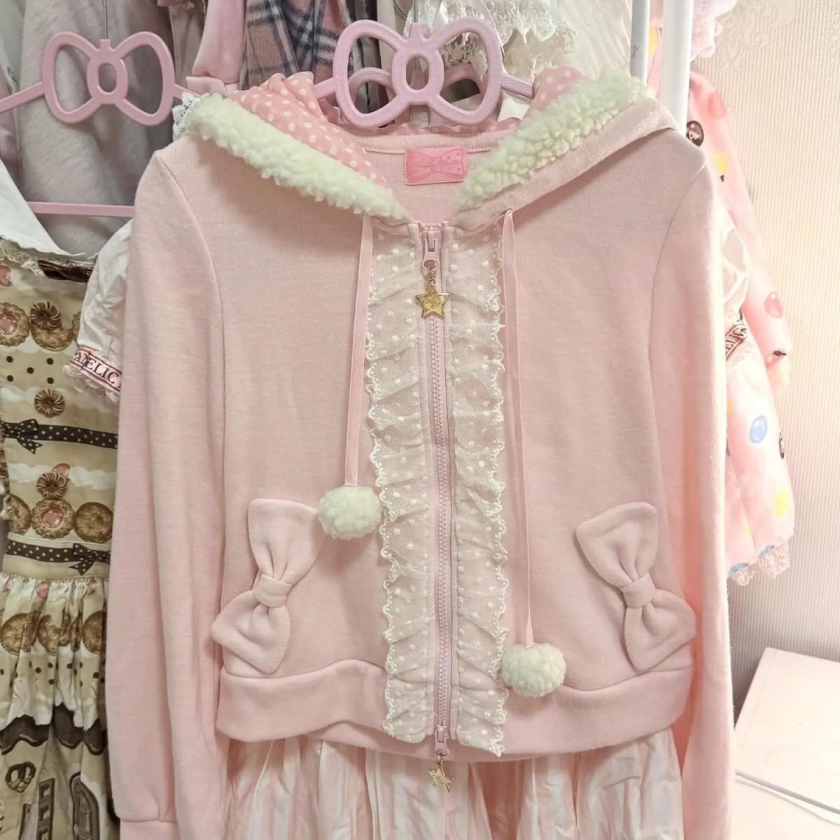 sweet Cute Kawaii Lolita Bunny Ear Hoodie - Fuzzy Trim Lace Trimmed Zipper Pom-Pom Bow Pockets Pink Zip-Up Casual Cute Jacket
