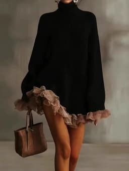 Autumn Winter Turtleneck Simple Sweater Dress, Women Holiday Casual Patchwork Mini Dress, Long Petal Sleeve Sweet Ladies Dress