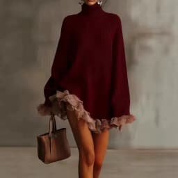 Autumn Winter Turtleneck Simple Sweater Dress, Women Holiday Casual Patchwork Mini Dress, Long Petal Sleeve Sweet Ladies Dress