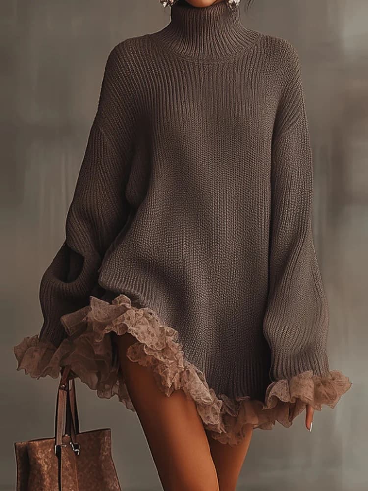 Autumn Winter Turtleneck Simple Sweater Dress, Women Holiday Casual Patchwork Mini Dress, Long Petal Sleeve Sweet Ladies Dress