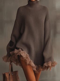 Autumn Winter Turtleneck Simple Sweater Dress, Women Holiday Casual Patchwork Mini Dress, Long Petal Sleeve Sweet Ladies Dress