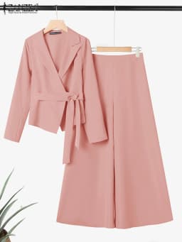 ZANZEA Elegant 2 Pieces Pant Sets Long Sleeve Belted Lightweight Blazer & Wide Leg Pant 2pcs Suits Office Lady Commuting Sets