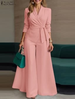 ZANZEA Elegant 2 Pieces Pant Sets Long Sleeve Belted Lightweight Blazer & Wide Leg Pant 2pcs Suits Office Lady Commuting Sets