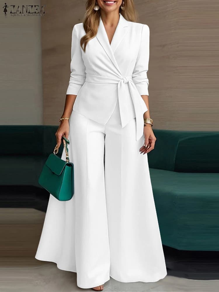 ZANZEA Elegant 2 Pieces Pant Sets Long Sleeve Belted Lightweight Blazer & Wide Leg Pant 2pcs Suits Office Lady Commuting Sets