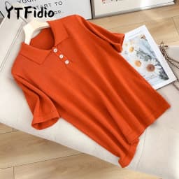 YTFidio 100% Cotton Women POLO Collar Solid Color Three Buttons Luxury Designer Clothing Woman Plus Size Clearance Sale 498