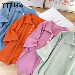 YTFidio 100% Cotton Women POLO Collar Solid Color Three Buttons Luxury Designer Clothing Woman Plus Size Clearance Sale 498